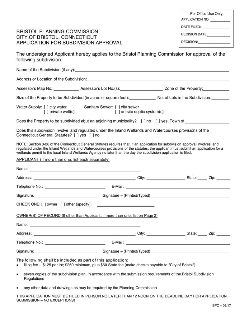Large thumbnail of Bristol Planning Commission Application for Subdivision Approval Form - Sep 2017