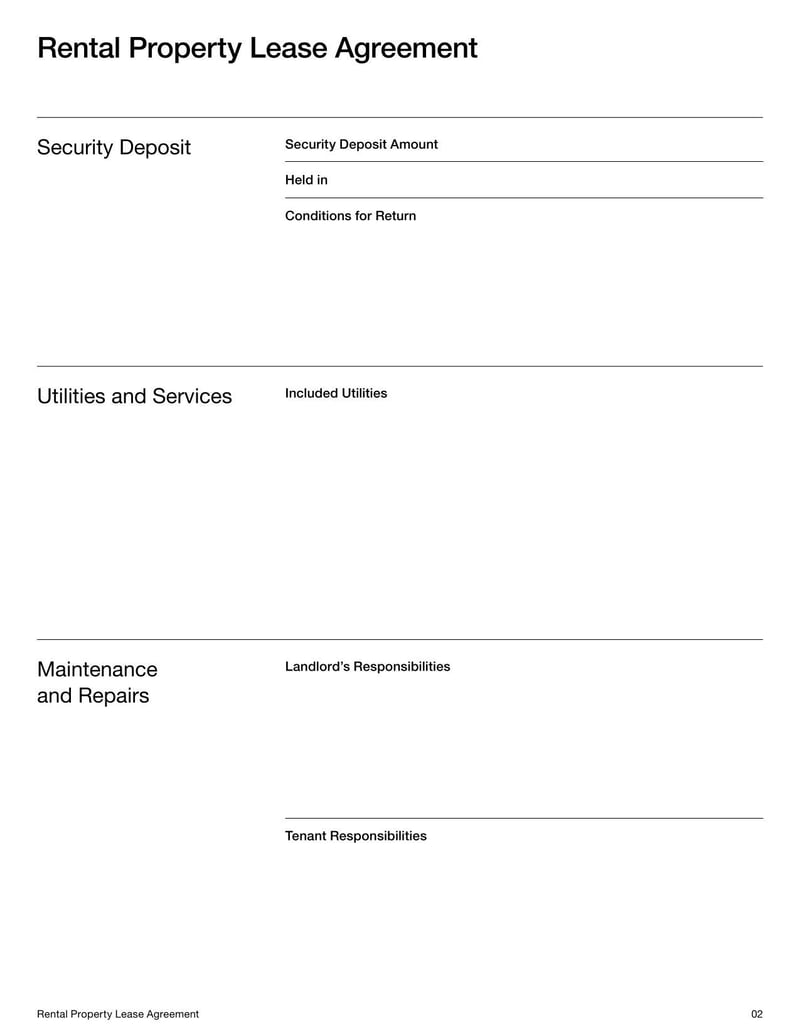 Rental Property Lease Agreement detailing terms between a landlord and tenant, including rent, security deposit, and lease duration