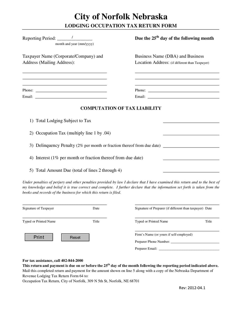 Large thumbnail of Lodging Occupation Tax Return - Apr 2012