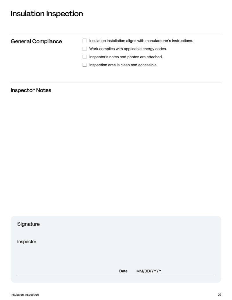 Insulation Inspection Checklist covering walls, attics, floors and ductwork for energy compliance