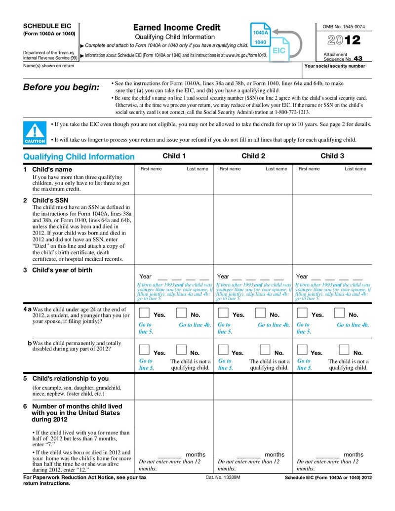 Large thumbnail of Form 1040 Schedule EIC - Oct 2012
