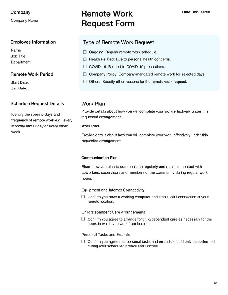 Remote Work Request Form for employees to apply for telecommuting or work-from-home arrangements