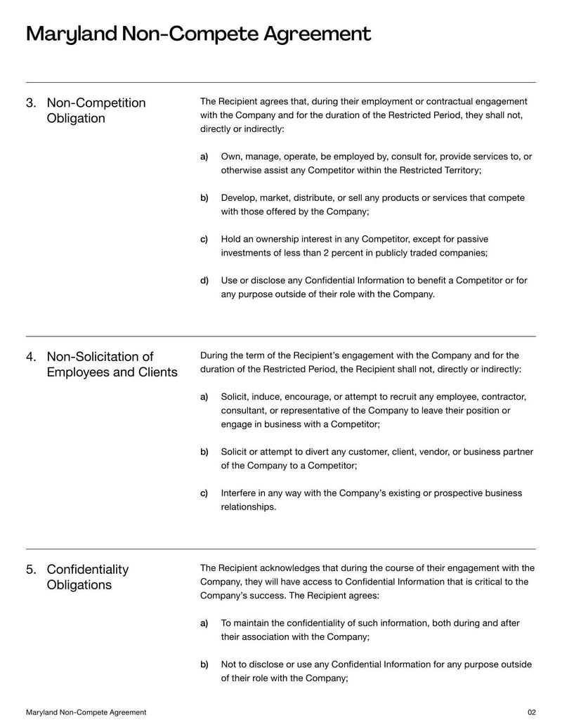 Non-Compete Agreement Maryland detailing terms for non-competition, confidentiality, and related employment restrictions