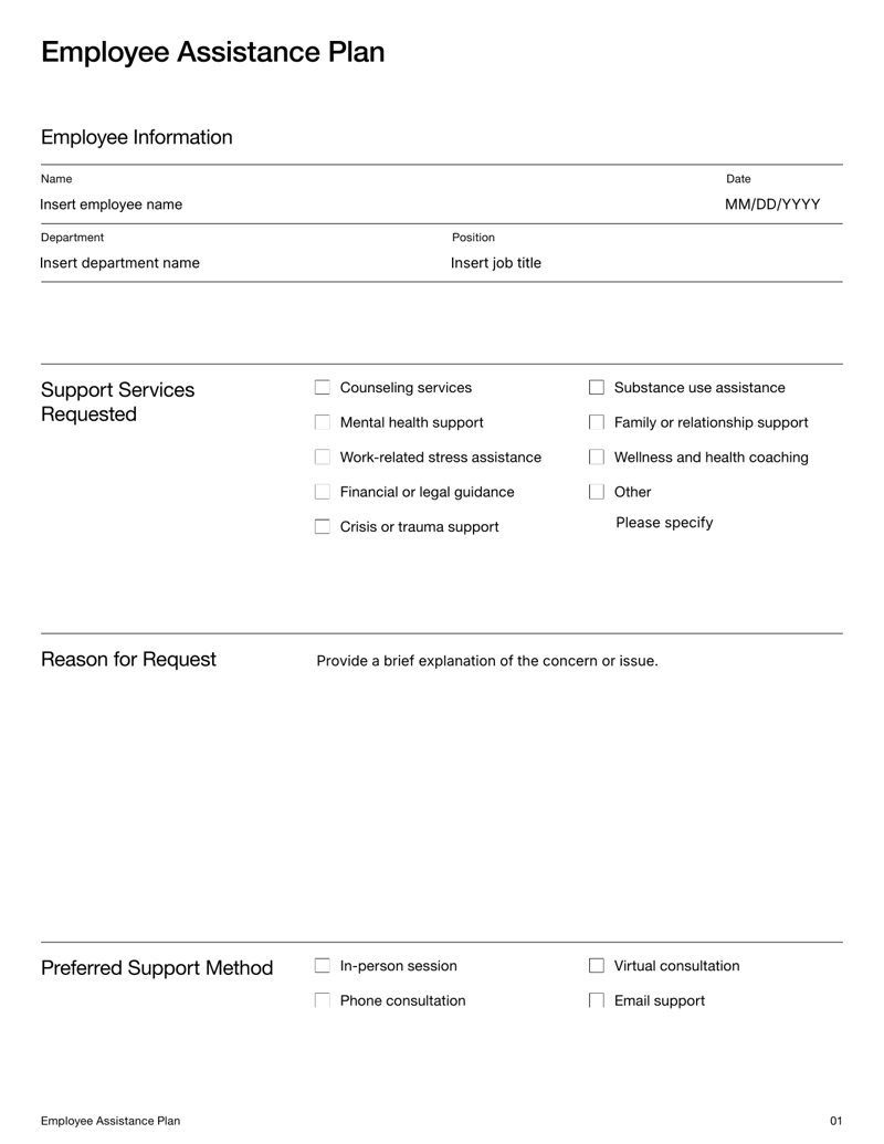 Employee Assistance Plan form with sections for support services, reasons for request, confidentiality acknowledgment and signatures