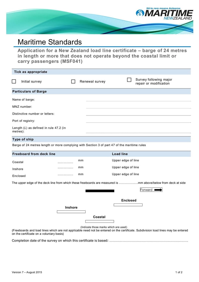 Large thumbnail of Application Form for NZ Loadline Certificate Barge 24 Metres - Aug 2015