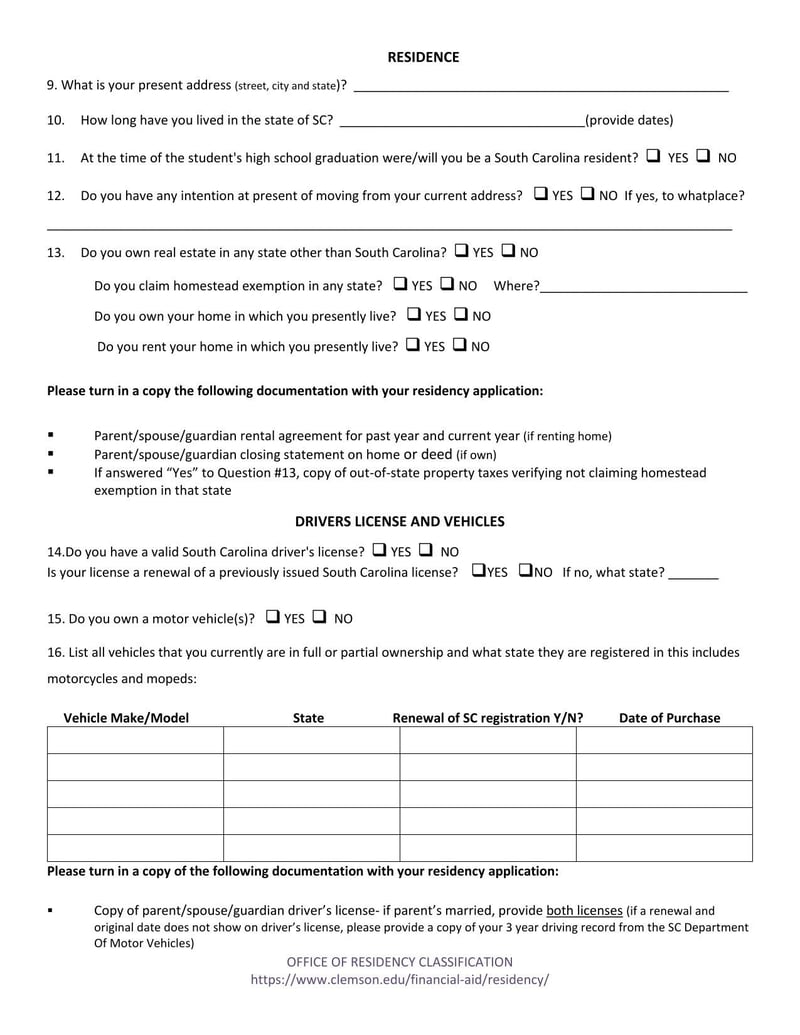Clemson University Residency Application Dependent Form | Fill and 