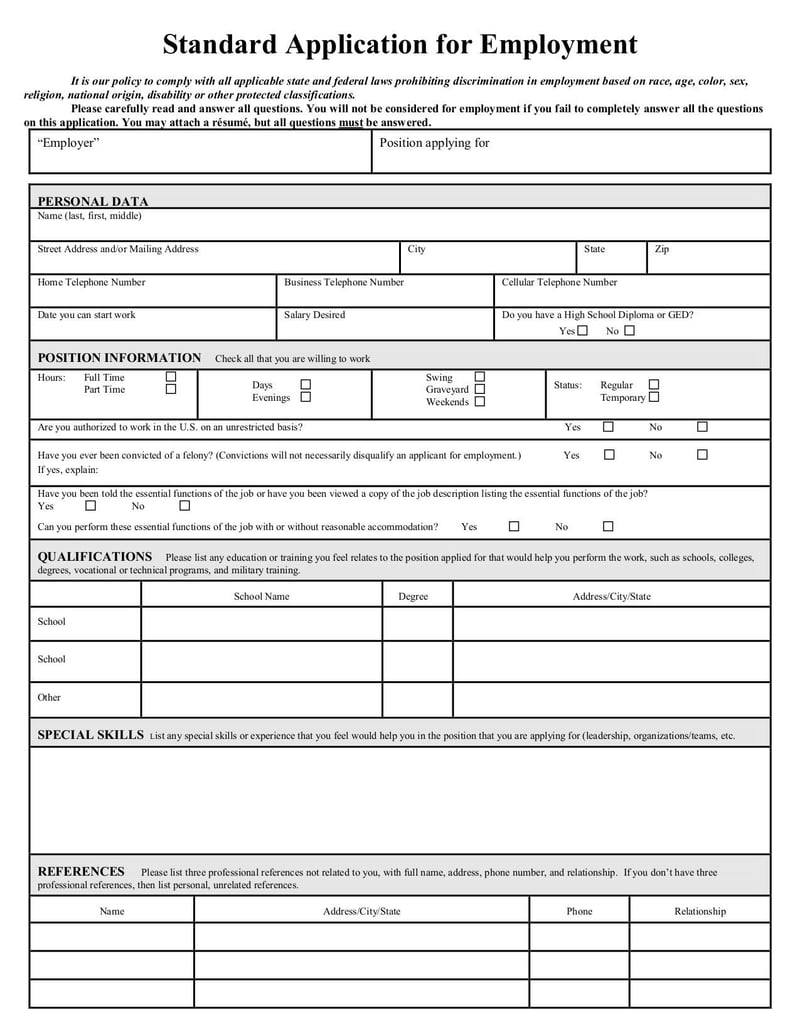 Thumbnail of Application for Employment Template - page 0