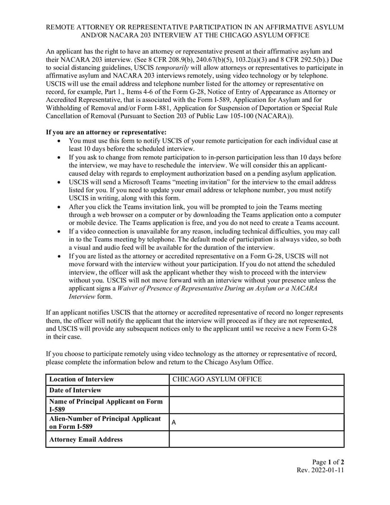 Thumbnail of Chicago Attorney Representative Remote Interview Participation Opt In Form - Jan 2022 - page 0