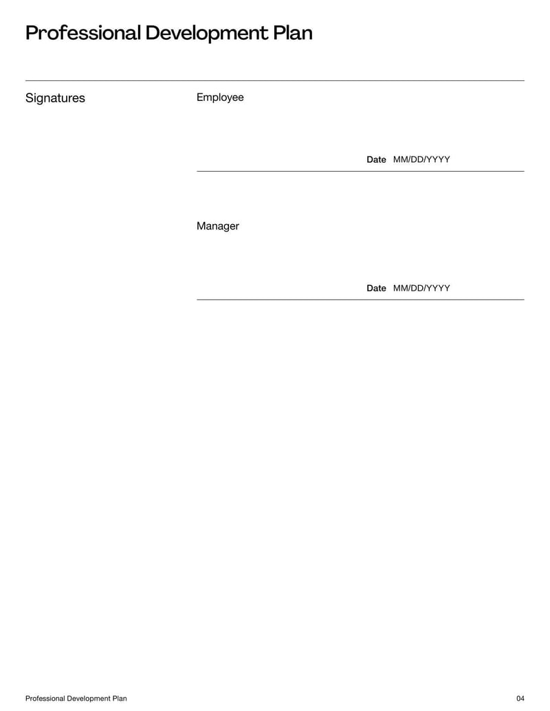 Professional Development Plan Form for outlining employee growth goals and training