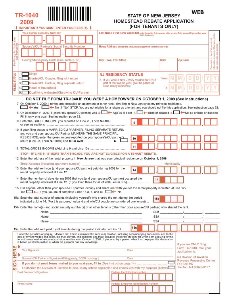 Large thumbnail of Form NJ TR-1040 - Dec 2009