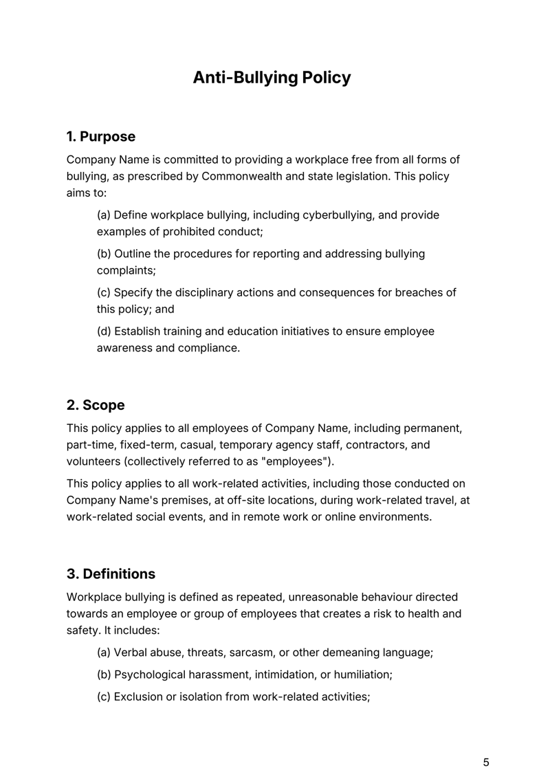 Anti-Bullying Policy for Australian workplaces addressing bullying, complaint procedures, compliance and employee protections