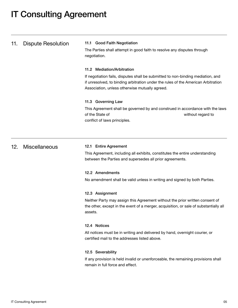 IT Consulting Agreement covering services, compensation, confidentiality and dispute resolution