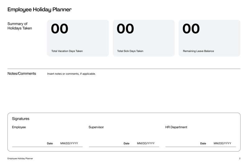 Employee Holiday Planner form with fields for employee details, leave dates, types of leave, approvals and holiday summaries