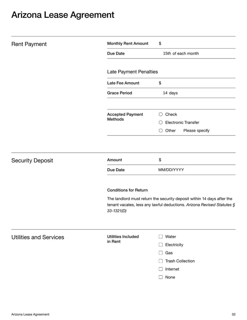 Arizona Lease Agreement for rental terms in Arizona