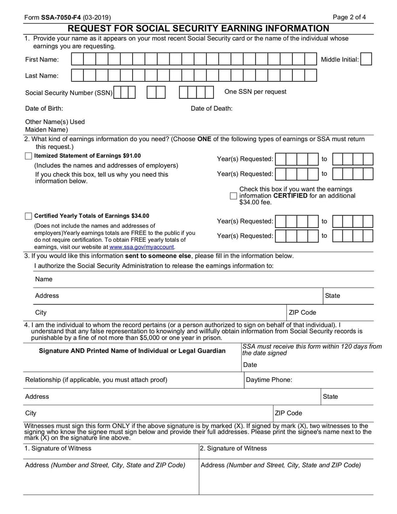 Large thumbnail of Request for Social Security Earnings Information (Form SSA-7050-F4) - Mar 2019
