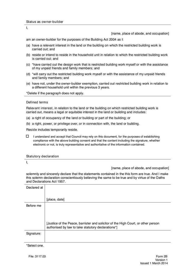 Large thumbnail of Form 2B - Statutory Declaration as to Owner-Builder Status - Mar 2014