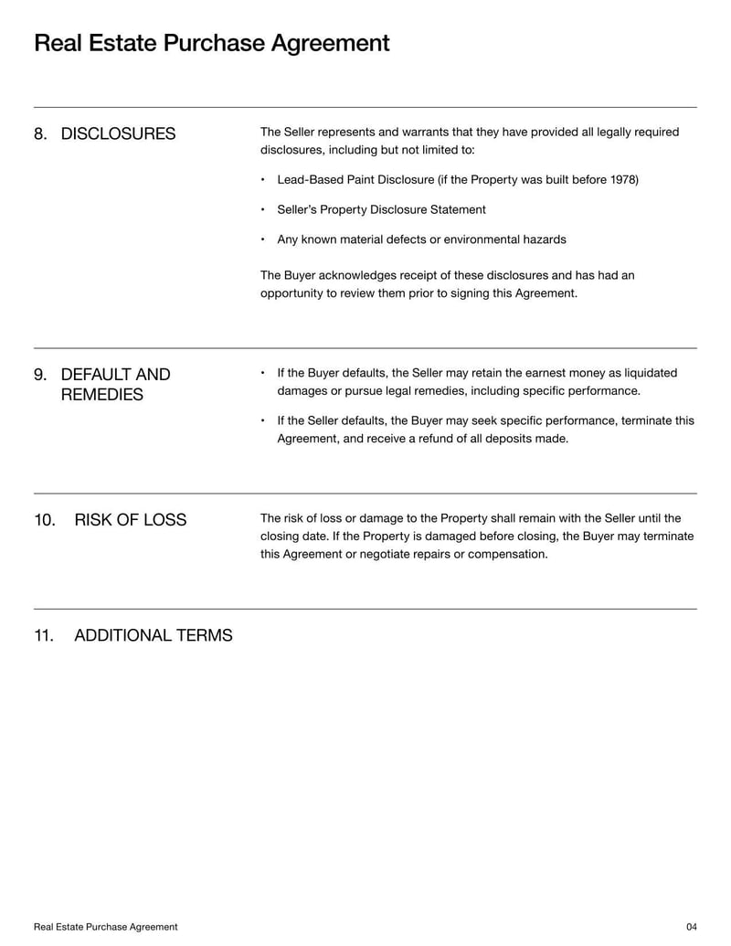 Real Estate Purchase Agreement outlining terms and conditions for the sale of real property