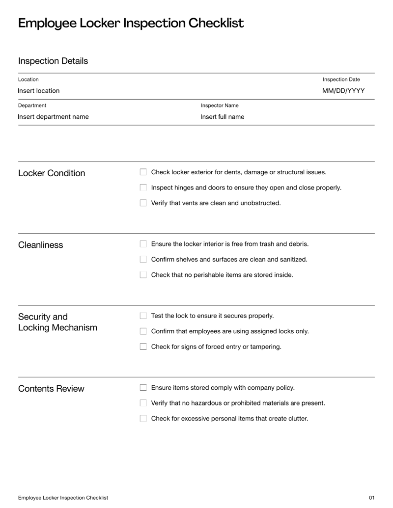 Employee Locker Inspection Checklist with sections for locker condition, cleanliness, security, contents, hygiene and signatures