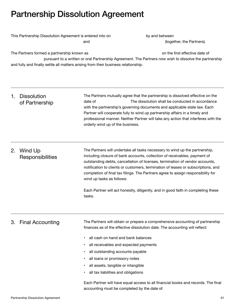 Partnership Dissolution Agreement detailing wind up procedures, asset division, liabilities and partner obligations