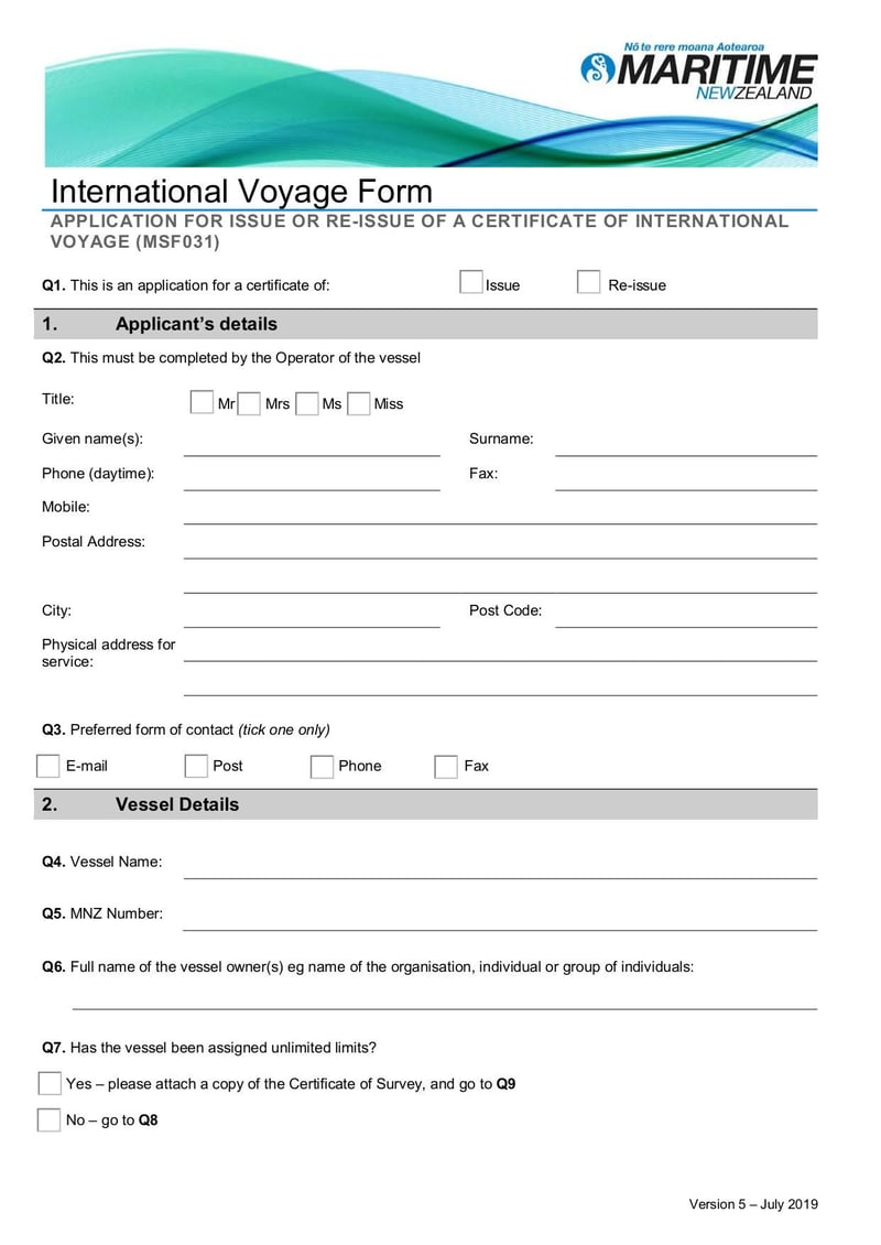 Large thumbnail of Form MSF031 Application for Issue or Re-Issue of a Certificate of International Voyage - Jul 2019