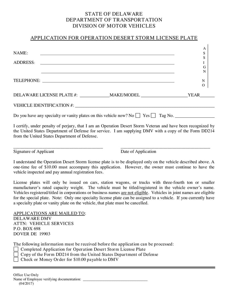 Large thumbnail of Application for Operation Desert Storm License Plate - Apr 2017