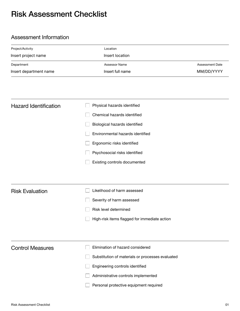 Risk Assessment Checklist template with sections for hazards, evaluation, control measures and signatures