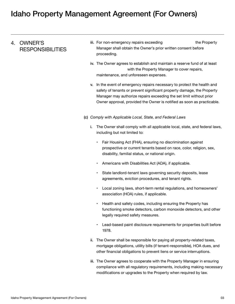 Property Management Agreement for Idaho  property owners detailing terms for managing rental properties