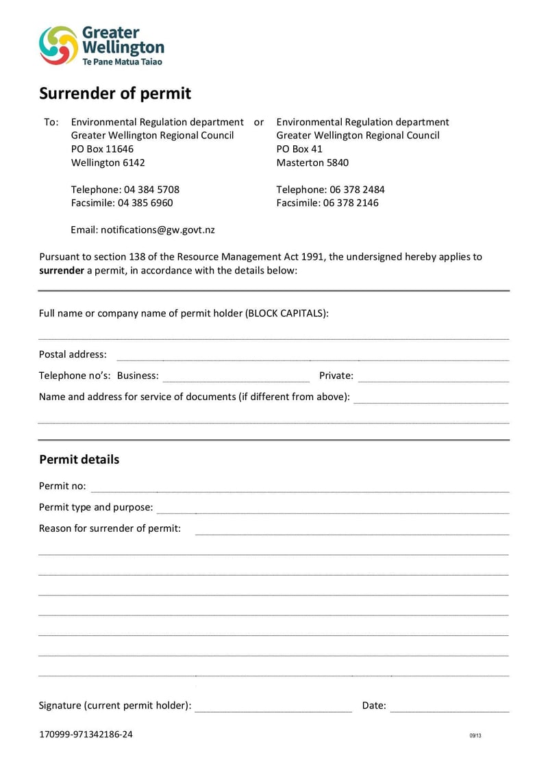 Large thumbnail of Surrender of Permit Form Fill In - Sep 2013