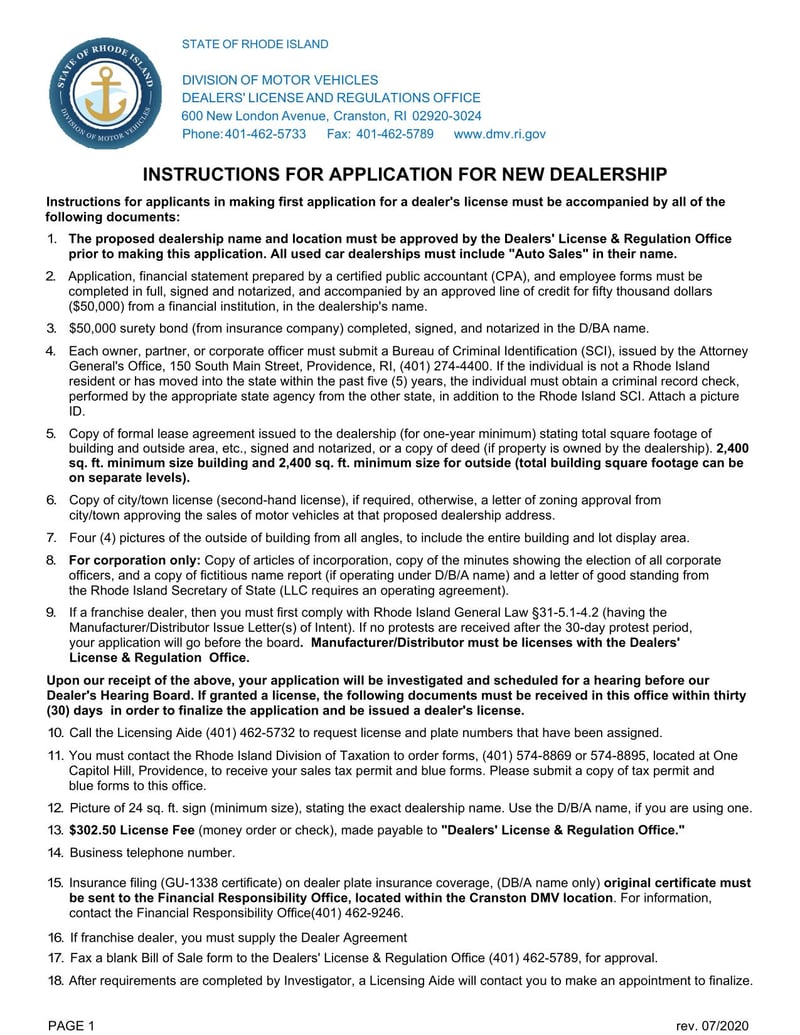 Large thumbnail of Rhode Island Application for New Dealership License (2020)