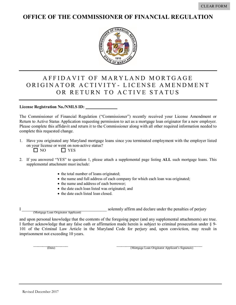 Thumbnail of Affidavit Of Maryland Mortgage Originator Activity - Jan 2018 - page 0