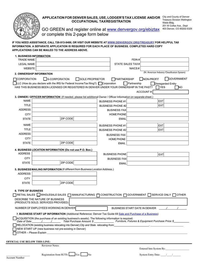 Application for Denver Sales, Use, Lodger&rsquo;s Tax License and/or 