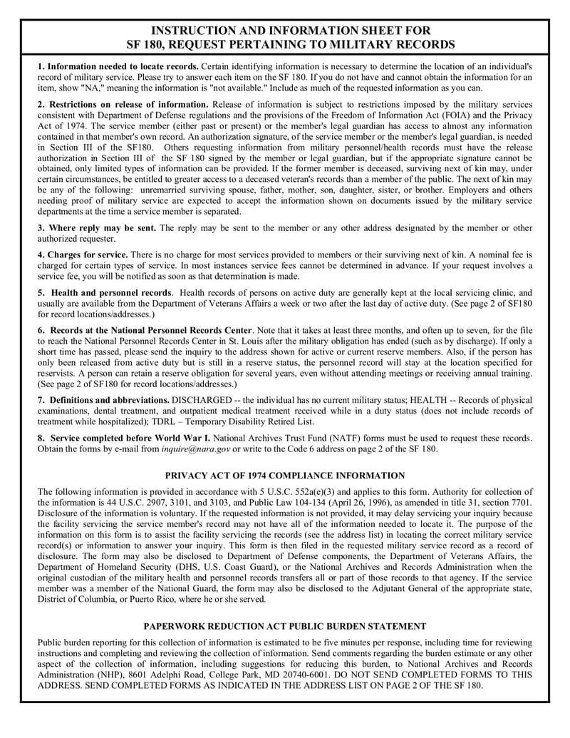 Large thumbnail of Instruction and Information Sheet for Standard Form 180 - May 2007