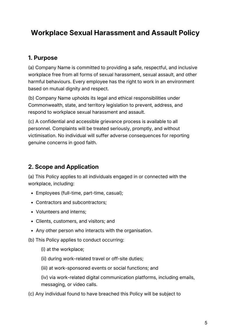 Workplace Sexual Harassment and Assault Policy for Australian organizations addressing compliance, reporting and zero-tolerance standards