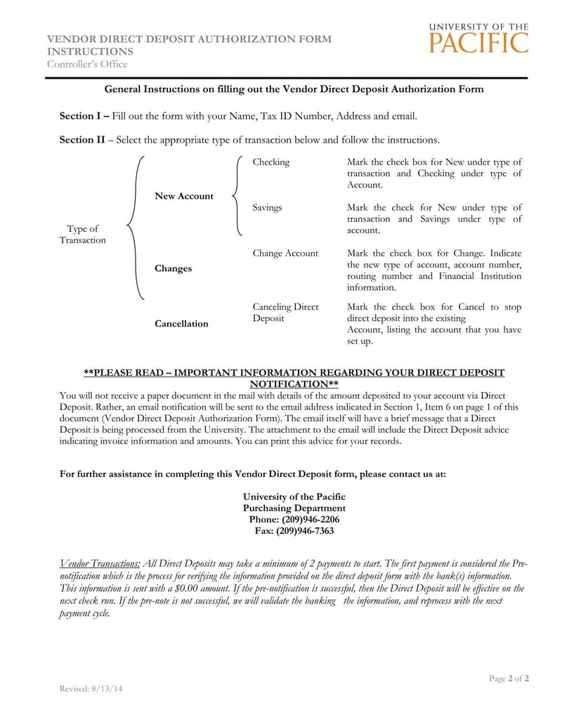 Large thumbnail of University of the Pacific Vendor Direct Deposit Authorization Form
