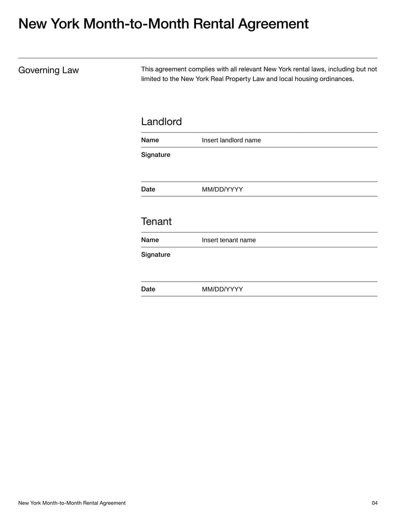 New York Month-to-Month Rental Agreement for outlining flexible lease terms, rent payments, security deposits, and termination procedures