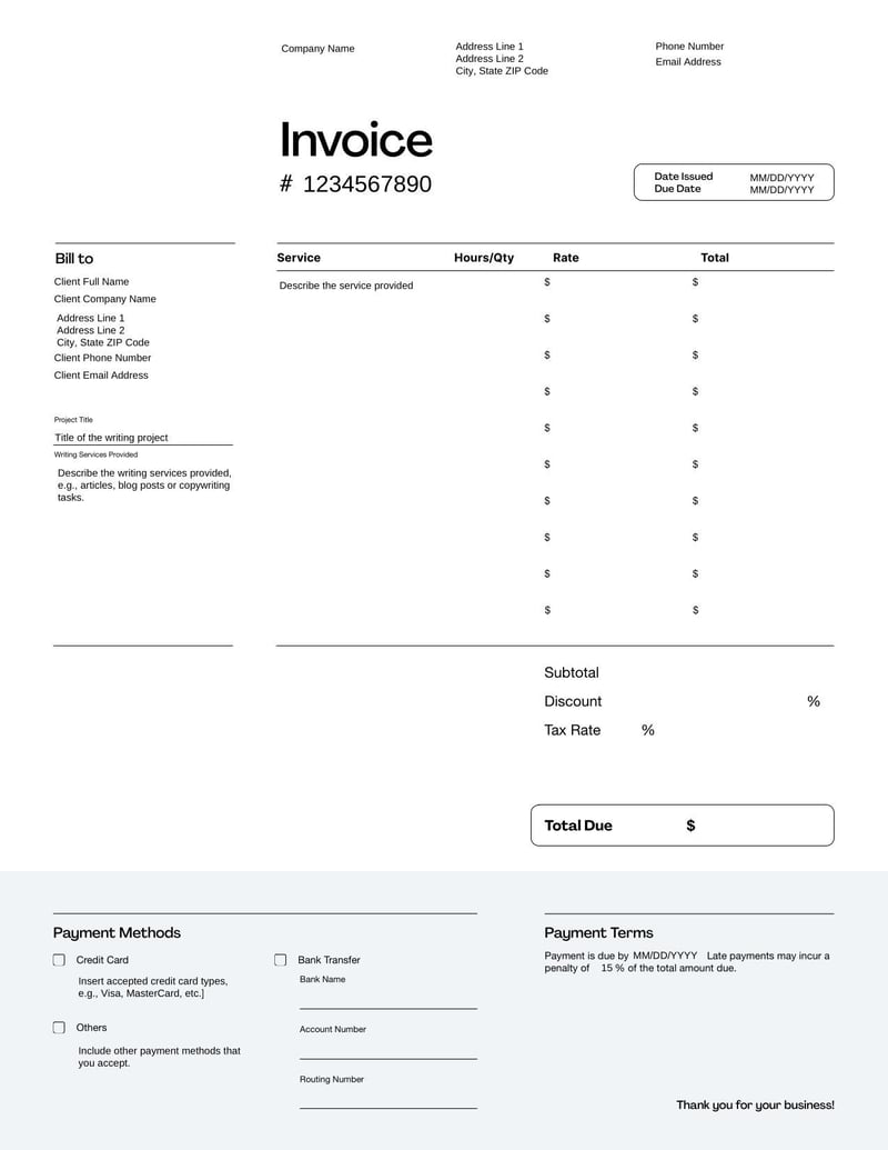 Freelance Writer Invoice Template for billing clients for writing, editing, or content creation services