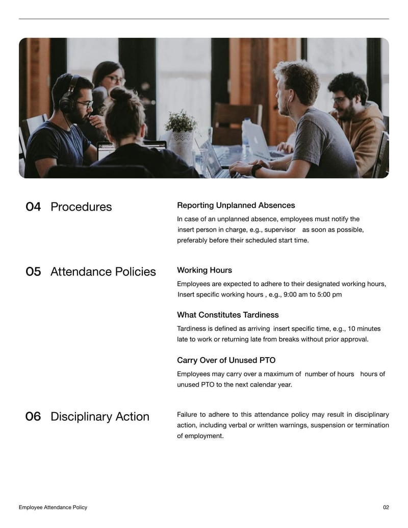 Employee Attendance Policy Document outlining expectations for punctuality and work hours
