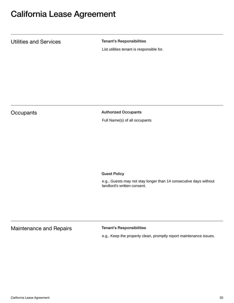 California Lease Agreement for rental terms in California