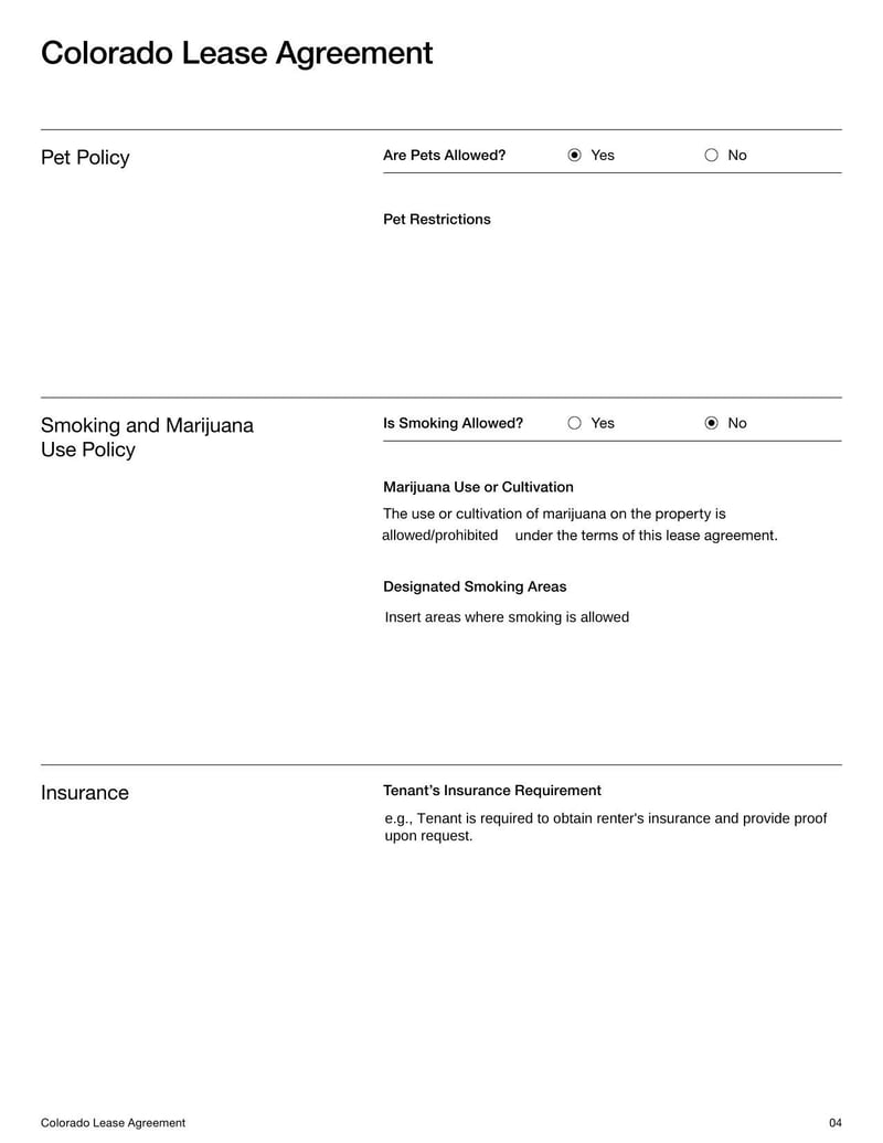 Colorado Lease Agreement for rental terms in Colorado