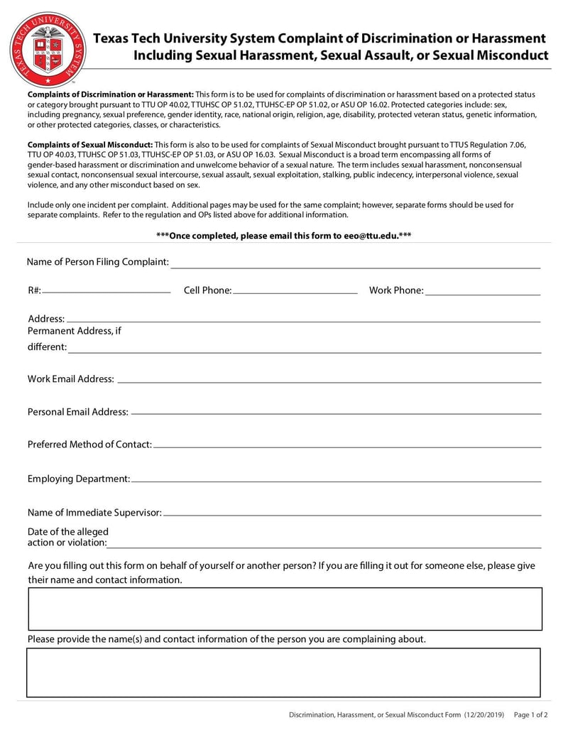 Large thumbnail of Texas Tech University System Complaint Form - Jan 2020