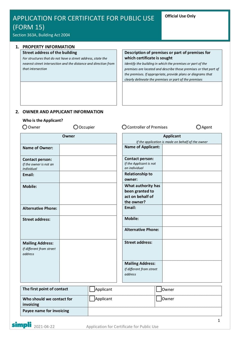 Large thumbnail of Form 15 Application for Certificate for Public Use - Apr 2021