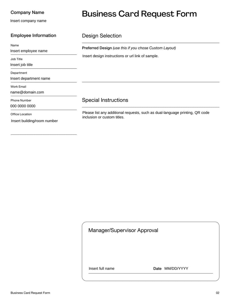 Business Card Request Form for employees to request personalized business cards from their organization