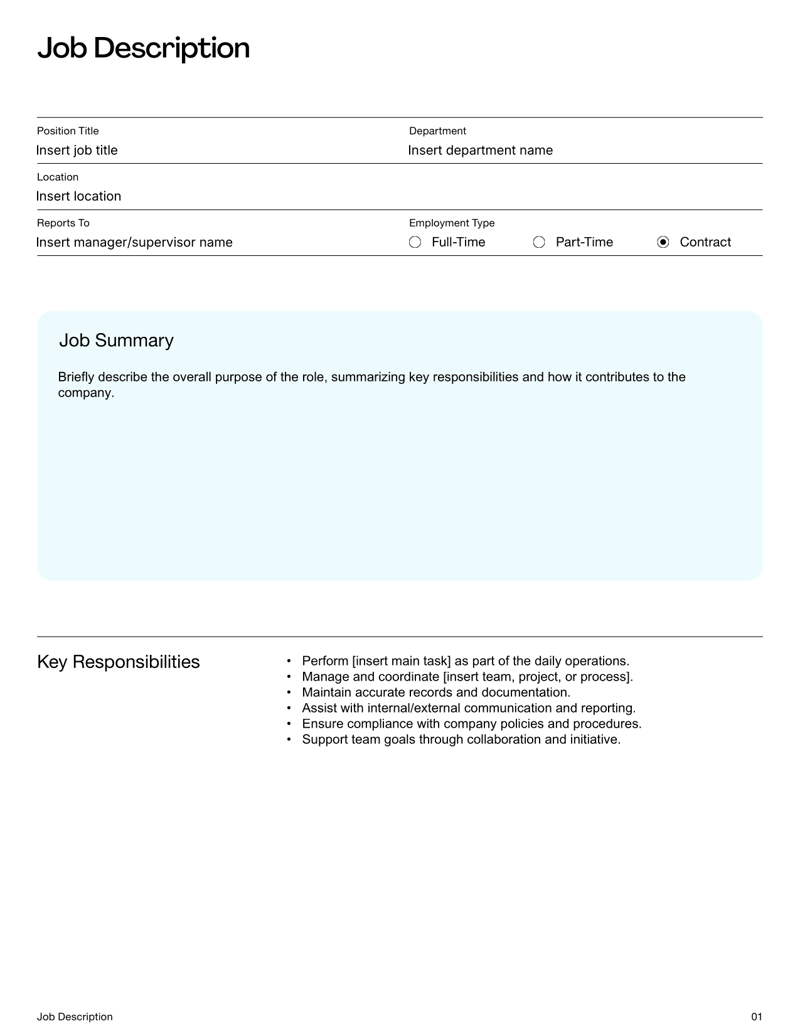 Job Description Template with job title, duties, qualifications, benefits and application process