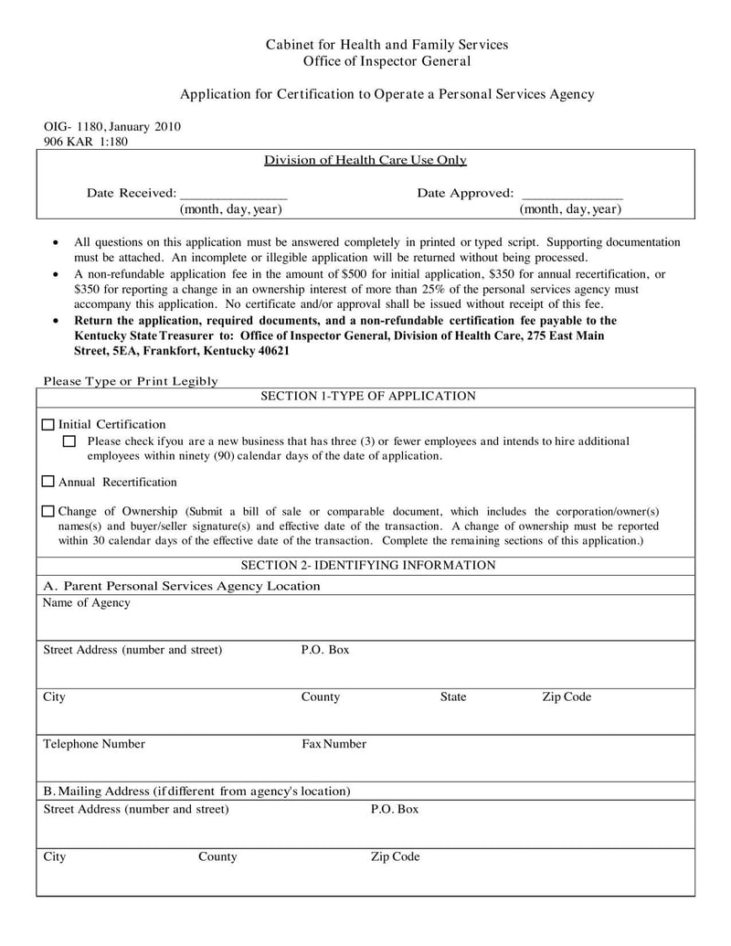 Large thumbnail of Kentucky State Application for Certification to Operate a Personal Services Agency