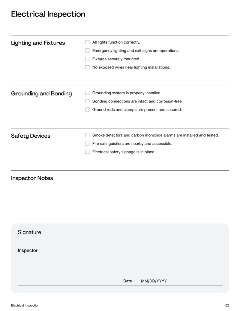 Electrical Inspection Checklist for verifying panels, wiring, outlets, grounding and overall system safety