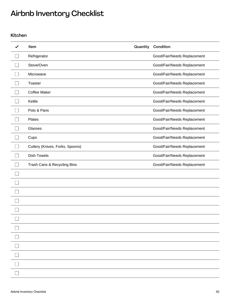 Airbnb Inventory Checklist for hosts to track property items, conditions and guest-ready supplies