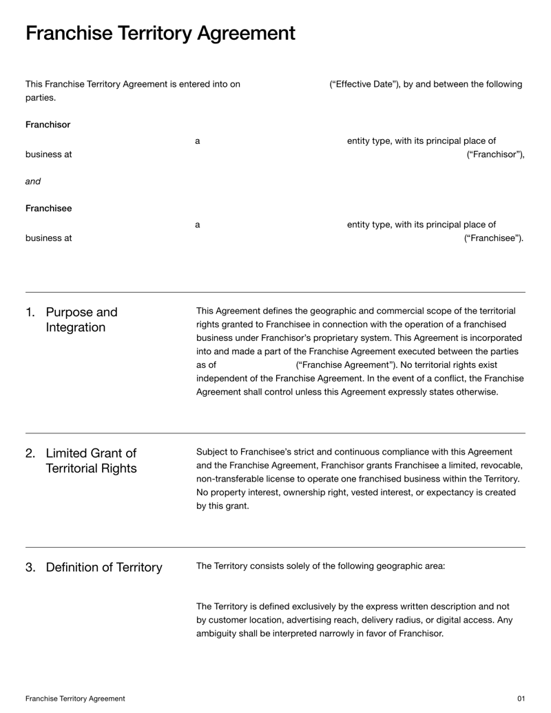 Franchise Territory Agreement defining geographic limits, exclusivity status and franchisor reserved rights