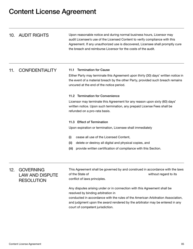 Content License Agreement detailing usage terms, rights and restrictions for licensed creative works