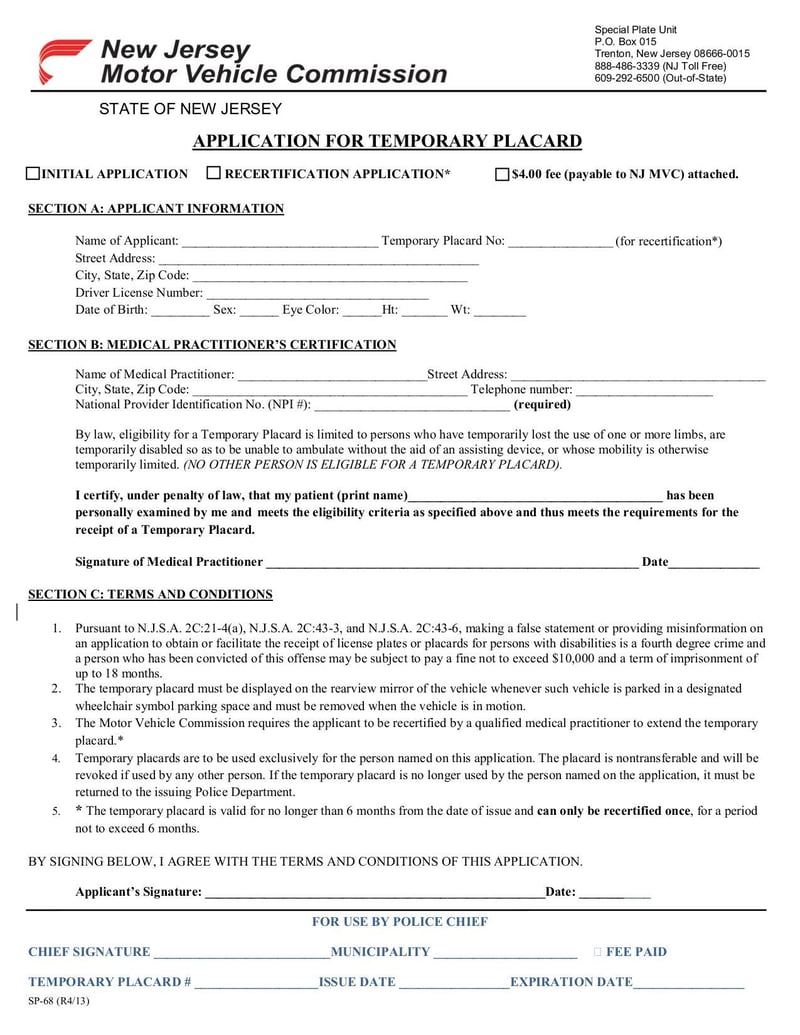 Large thumbnail of Handicap Disability Placard TempSP-68 - May 2013