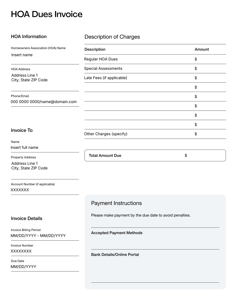 HOA Dues Invoice for billing homeowners with fields for dues, late fees and payment instructions